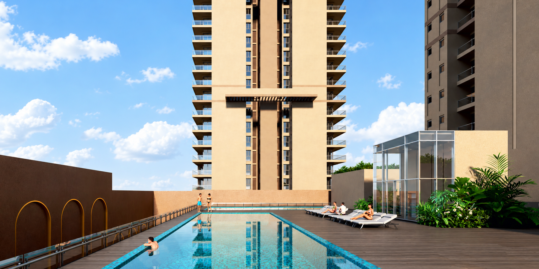 Swimming pool and residential towers at Conscient Elevate Reserve