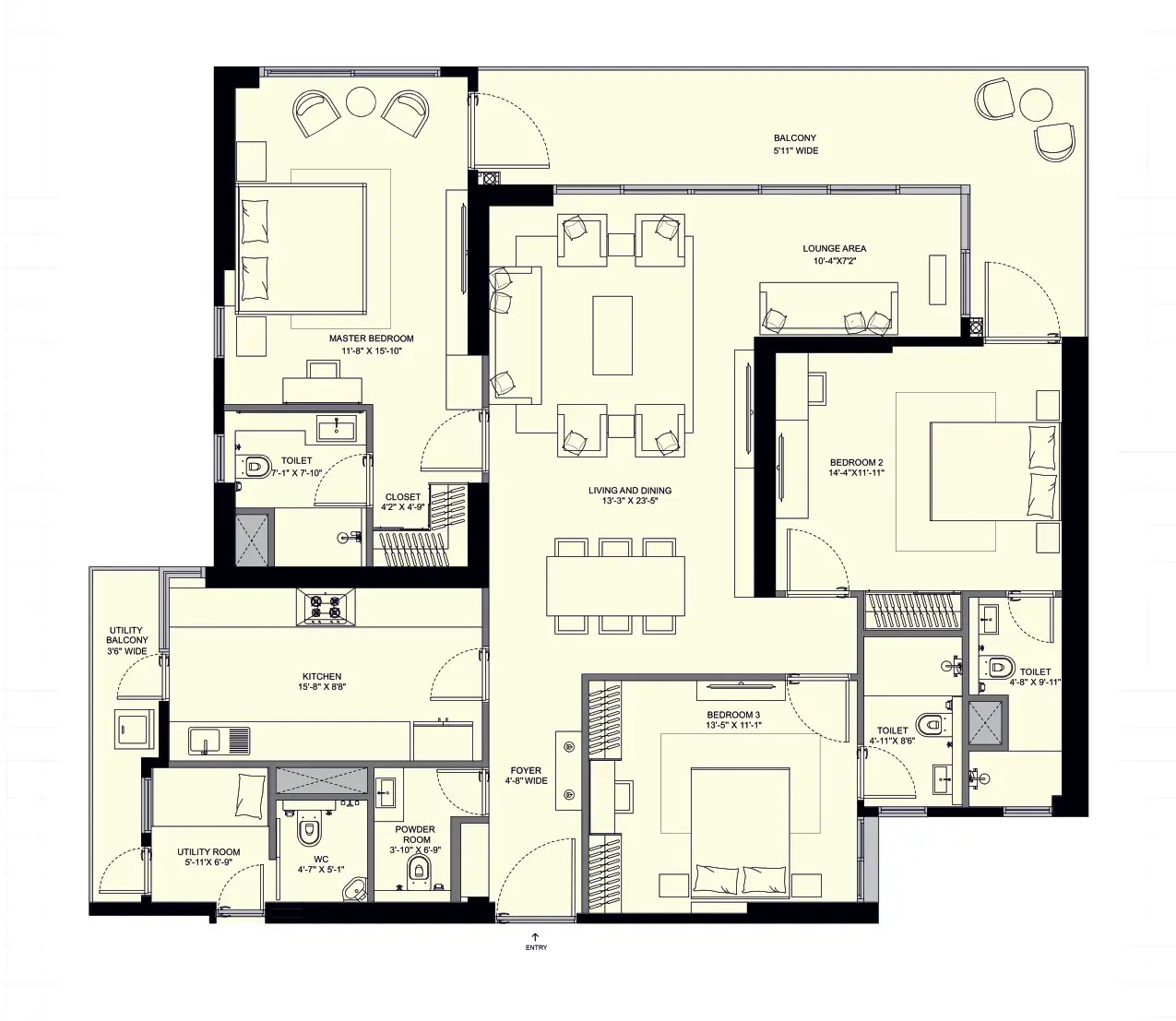 Conscient Elevate Reserve 3-BHK + Staff Quarters floor plan, 2,745 Sq.Ft.