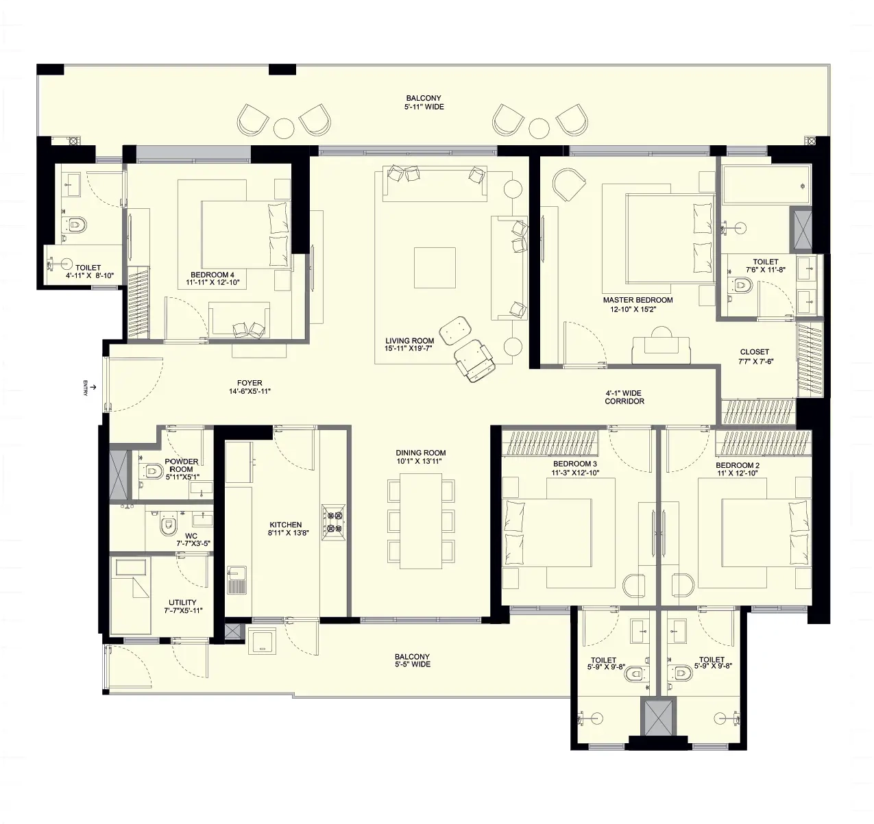 Conscient Elevate Reserve 4-BHK + Staff Quarters floor plan, 3,395 Sq.Ft.
